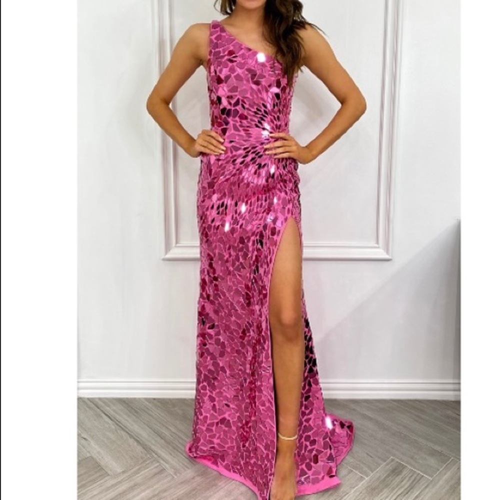 Sherri Hill Pink One Shoulder Mirror Dress 53922